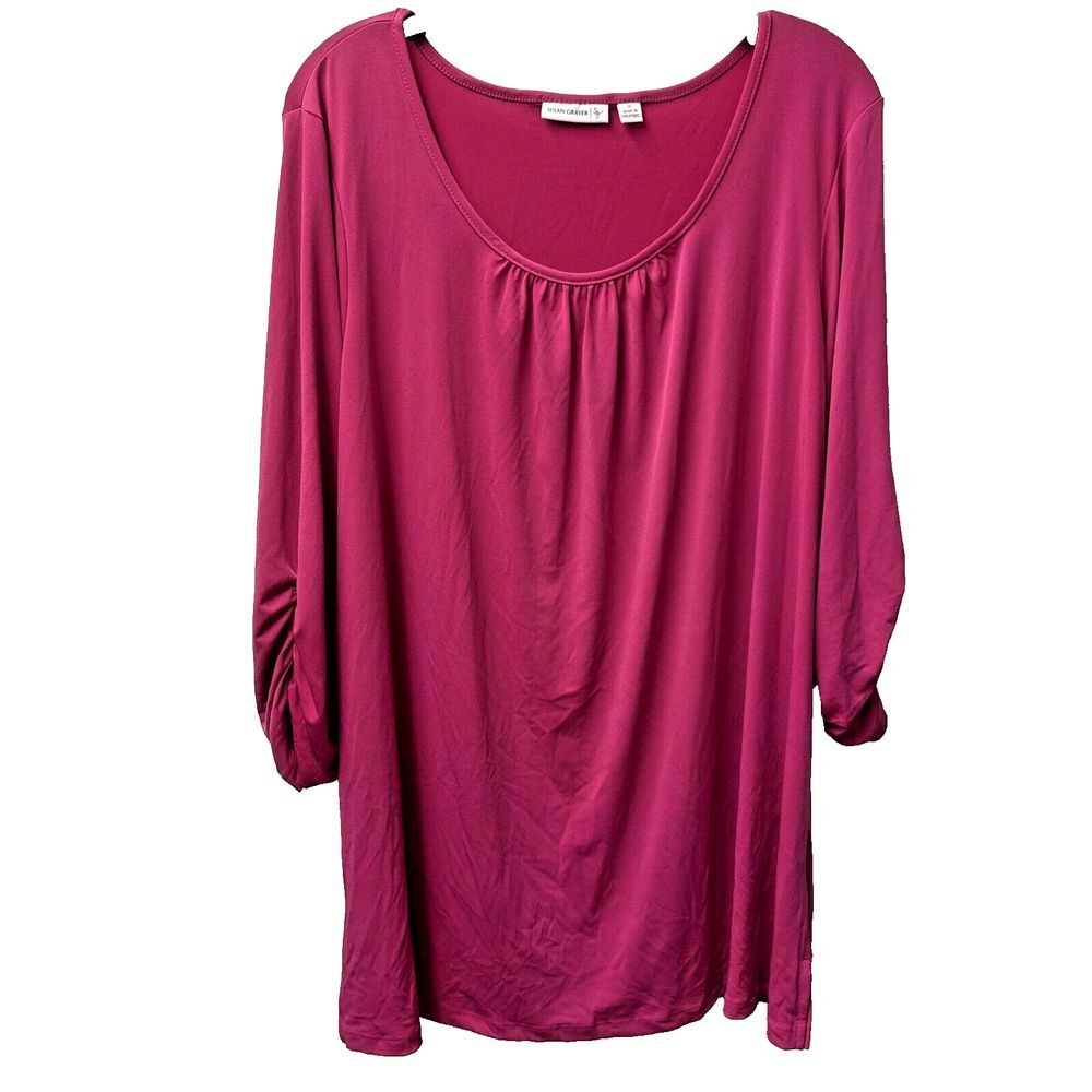 EUC Susan Graver Women Top Blouse Shirt Size 1X Fuchsia Round Neck 3/4 Sleeve
